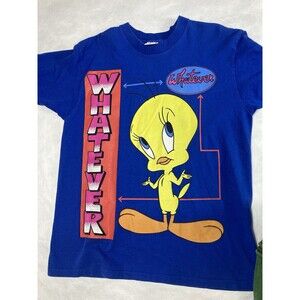 Vintage 90s Looney Tunes Tweety Bird Graphic Print T Shirt Whatever 14/16 L Blue